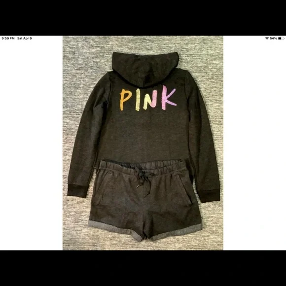 NEW VICTORIAS SECRET PINK BLING FULL XI HOODIE & SHORTS SET